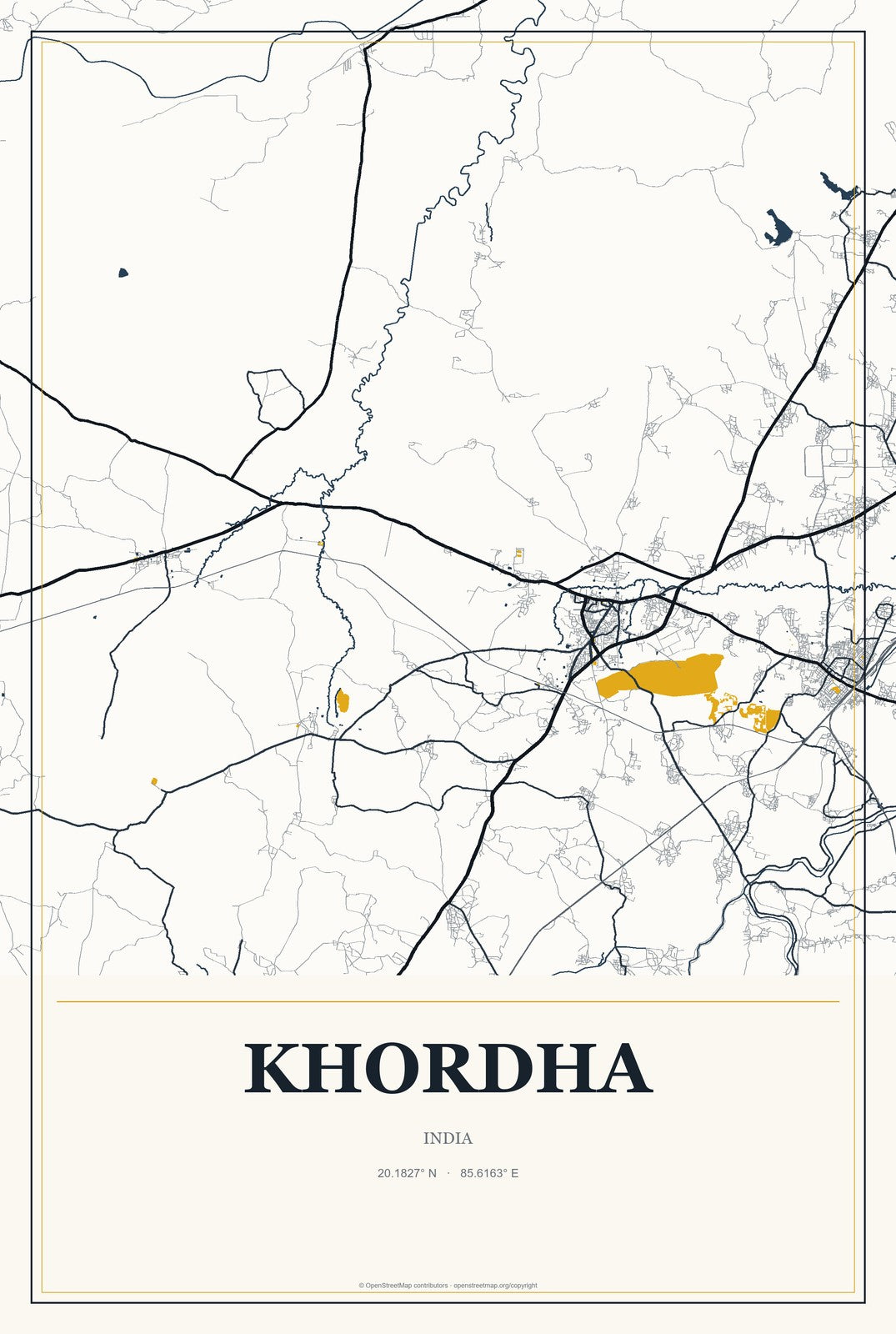 Khordha, India City Map Aluminum Sign in Citrine Modern style