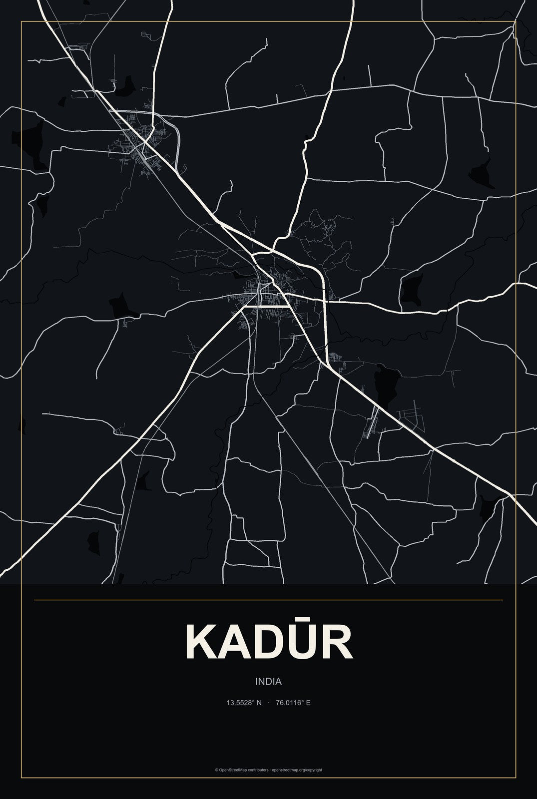 Kadūr, India City Map Aluminum Sign in Metropolitan Noir style