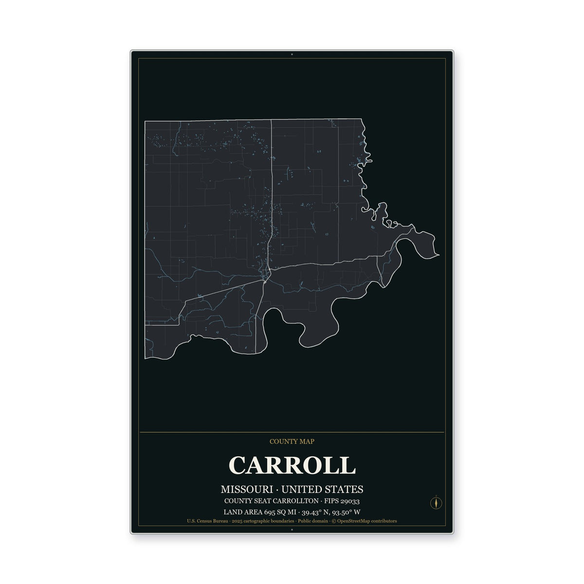 Carroll County, Missouri Map Aluminum Sign in Metropolitan Noir style