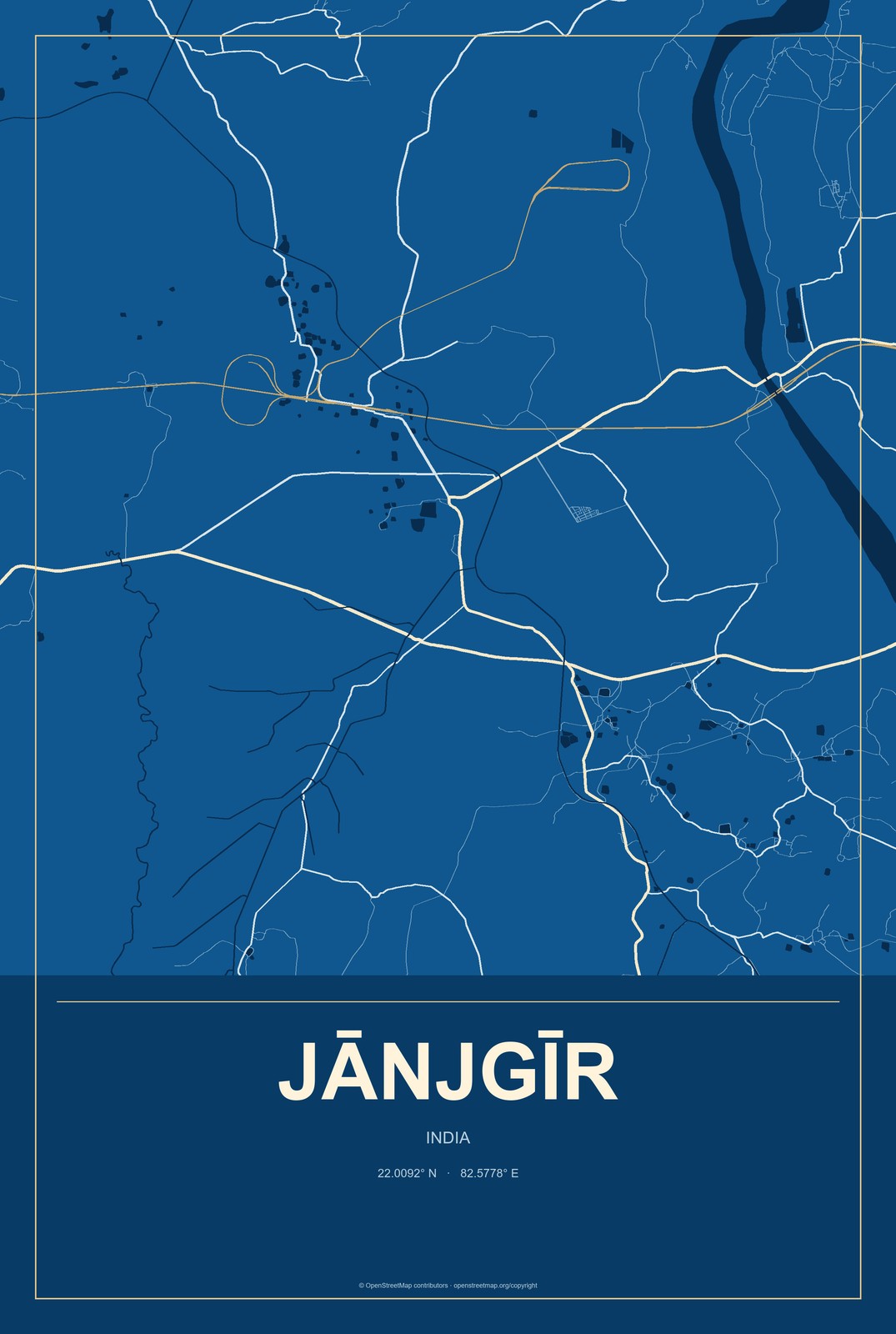 Jānjgīr, India City Map Aluminum Sign in Harbor Cobalt style
