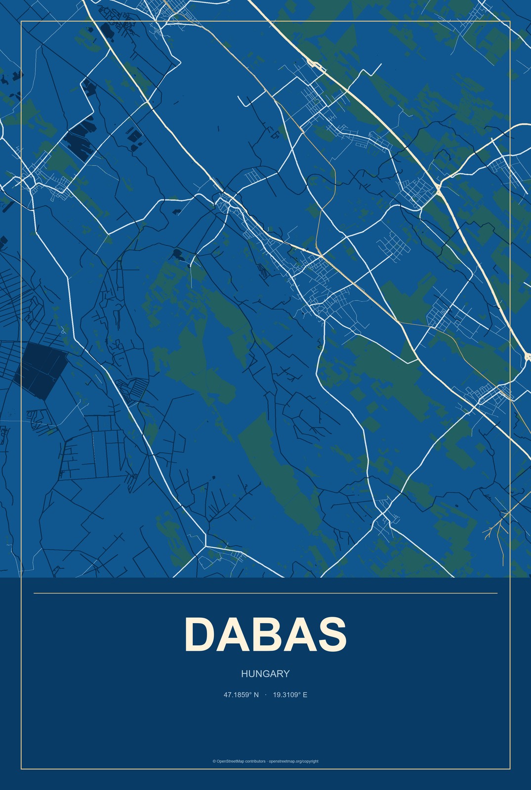 Dabas, Hungary City Map Aluminum Sign in Harbor Cobalt style