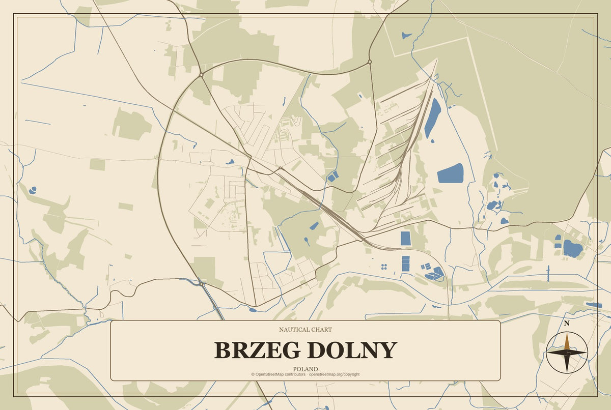 Brzeg Dolny, Poland City Map Aluminum Sign in Heritage Nautical style