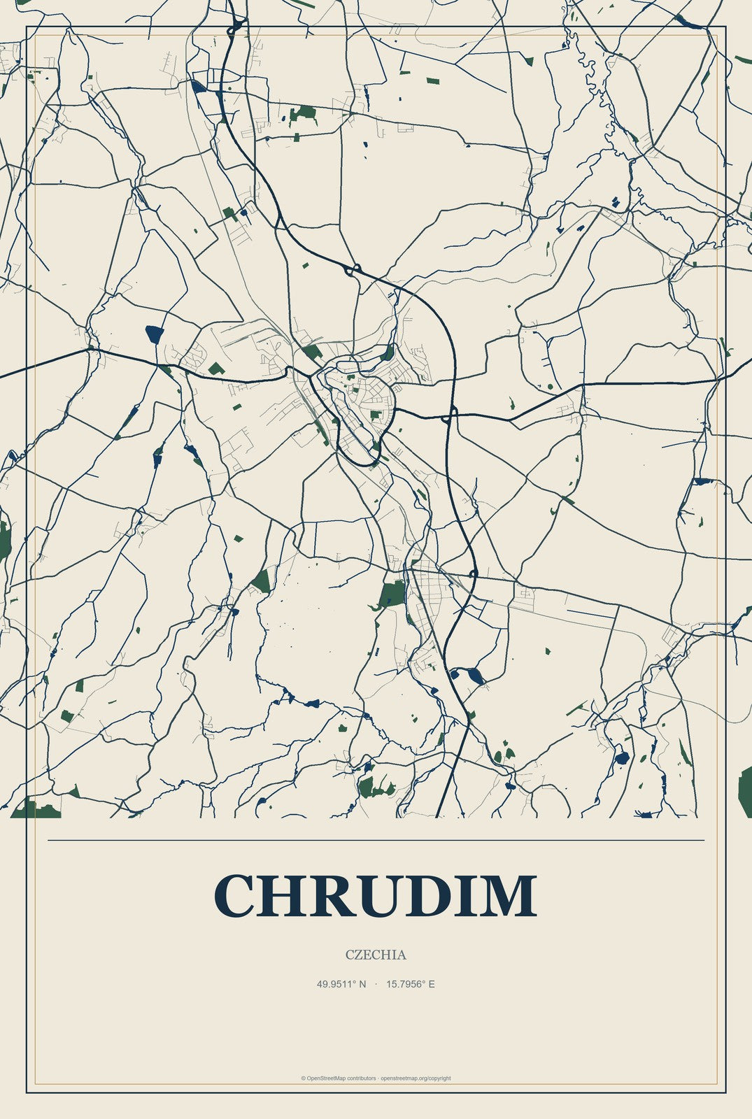 Chrudim, Czechia City Map Aluminum Sign in Coastal Cutout style