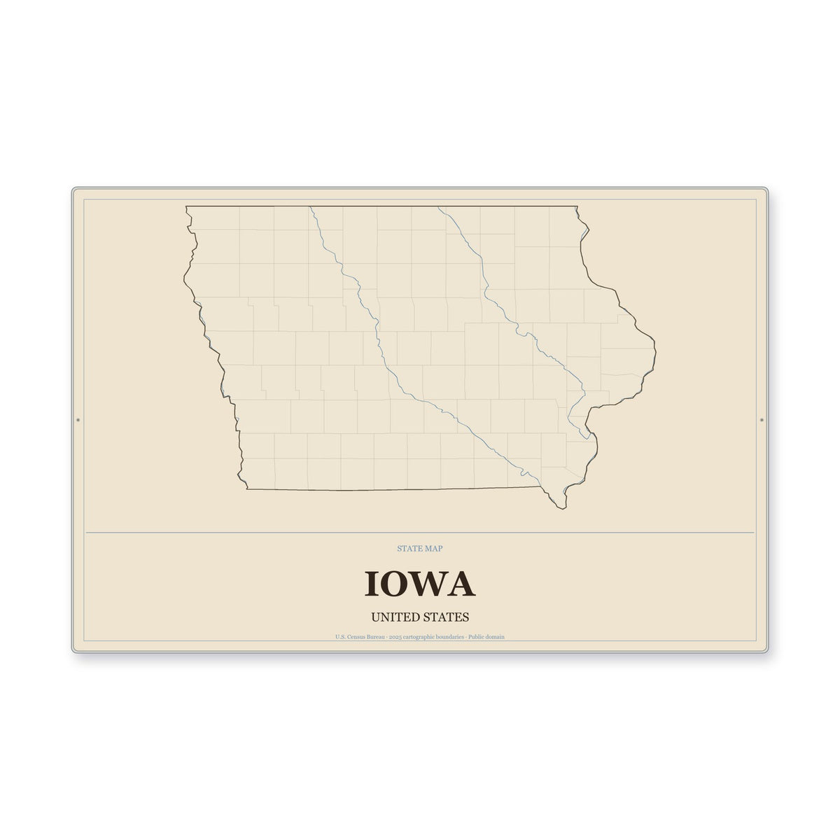 Iowa state map aluminum sign in Heritage Nautical style