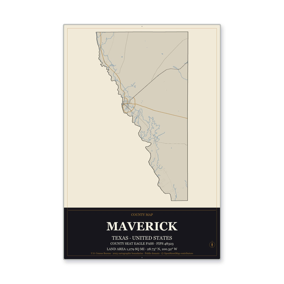 Maverick County, Texas Map Aluminum Sign in Museum Plaque style