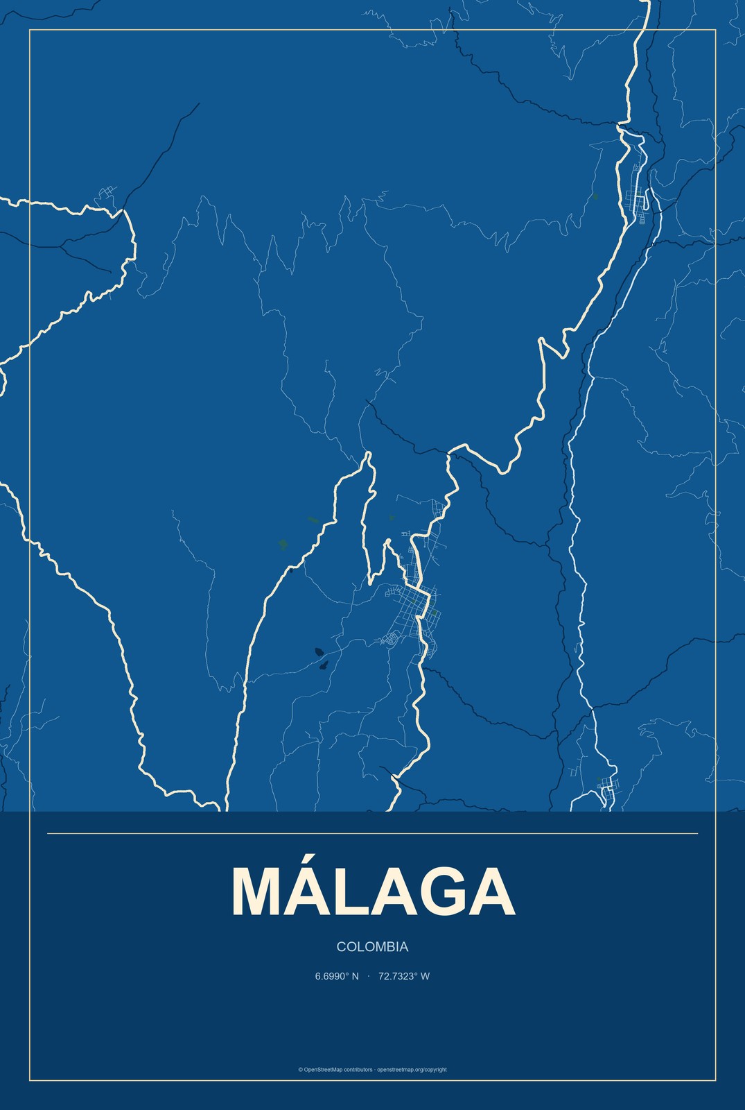 Málaga, Colombia City Map Aluminum Sign in Harbor Cobalt style
