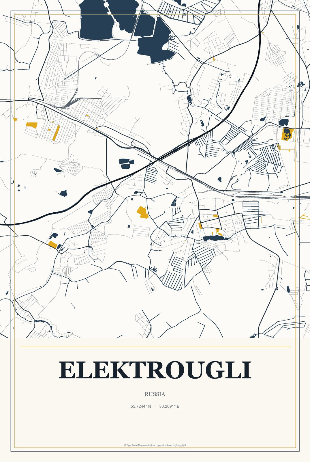 Elektrougli, Russia City Map Aluminum Sign in Citrine Modern style