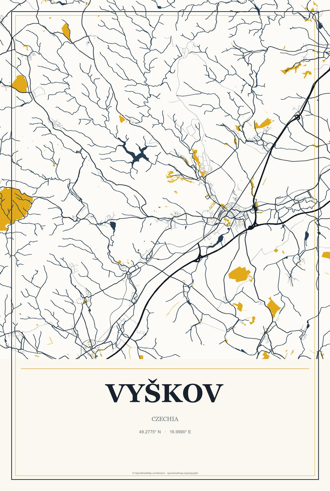 Vyškov, Czechia City Map Aluminum Sign in Citrine Modern style