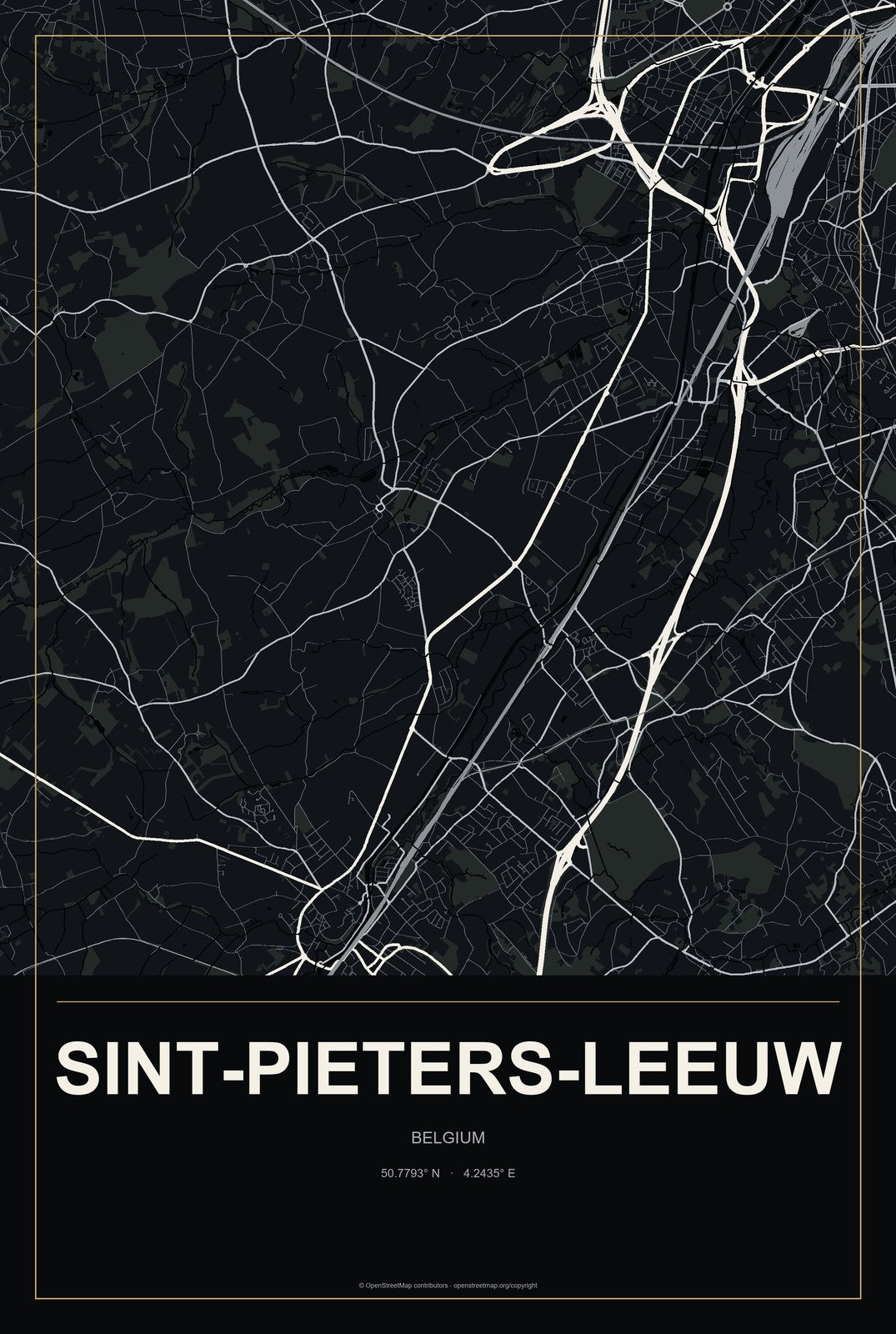 Sint-Pieters-Leeuw, Belgium City Map Aluminum Sign in Metropolitan Noir style