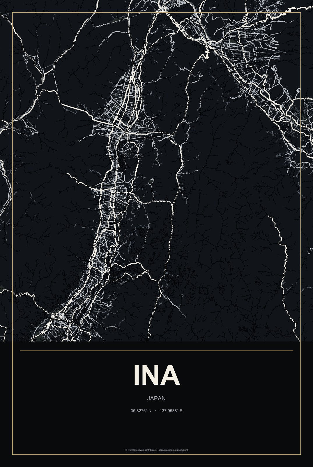 Ina, Japan City Map Aluminum Sign in Metropolitan Noir style