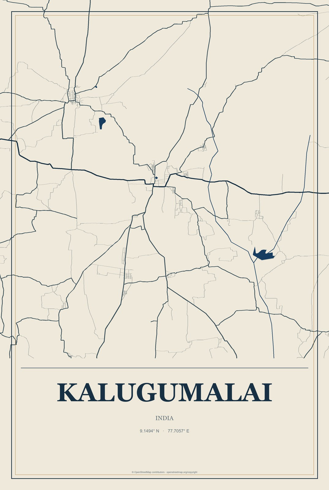 Kalugumalai, India City Map Aluminum Sign in Coastal Cutout style