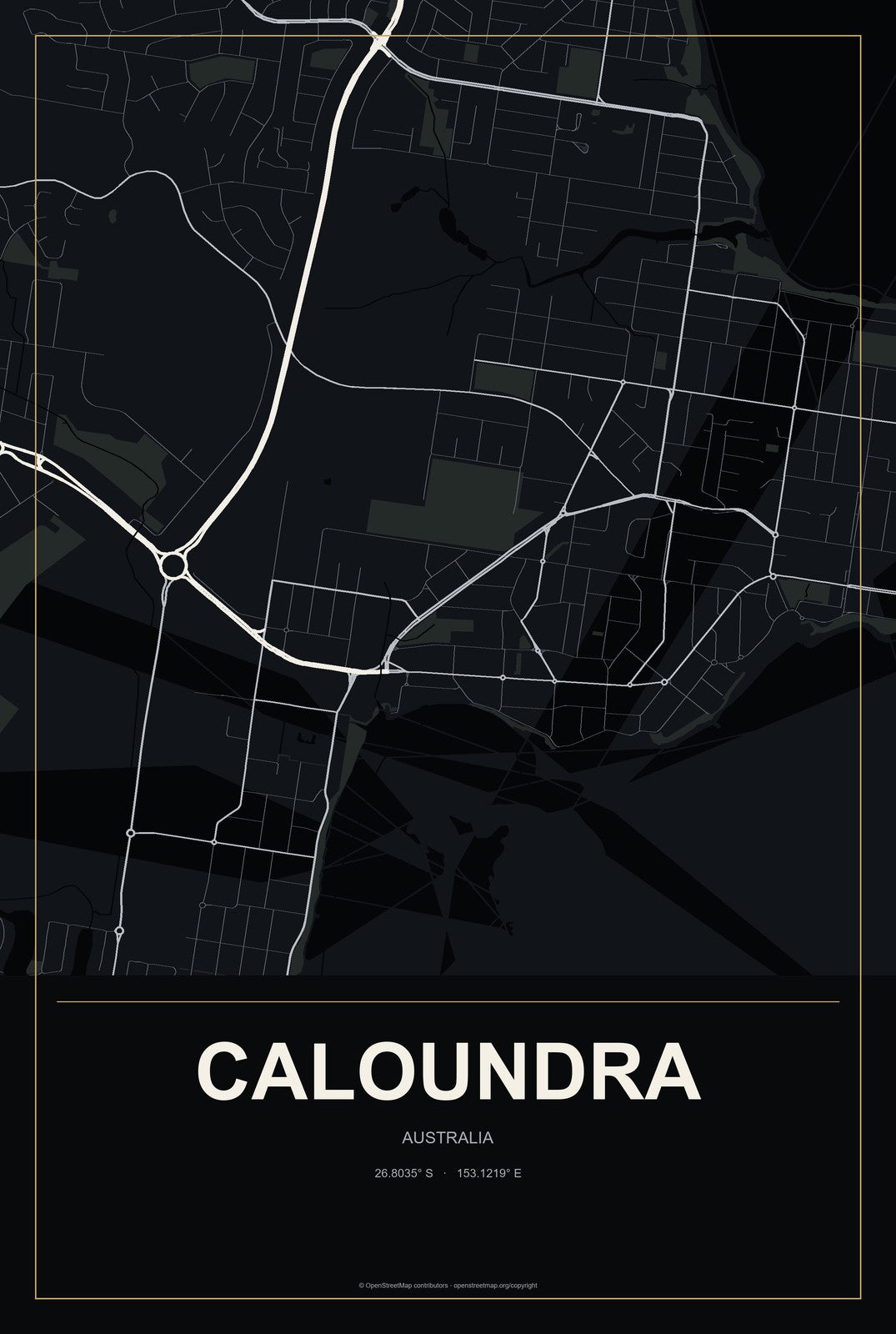 Caloundra, Australia City Map Aluminum Sign in Metropolitan Noir style
