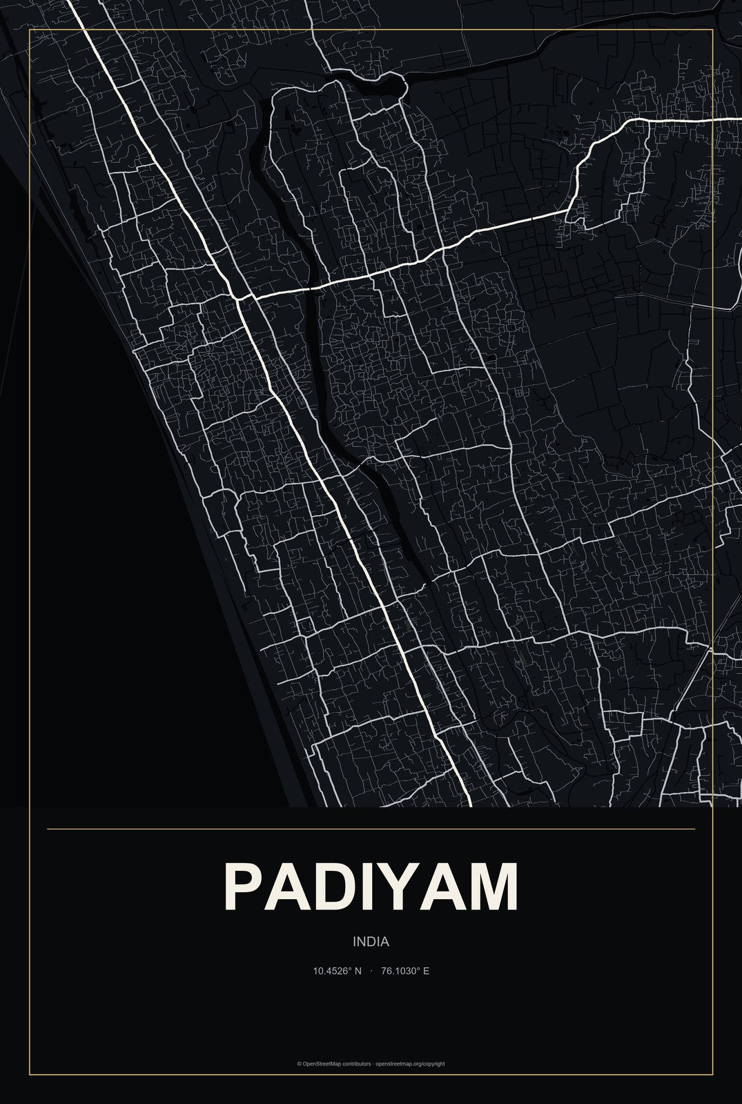 Padiyam, India City Map Aluminum Sign in Metropolitan Noir style