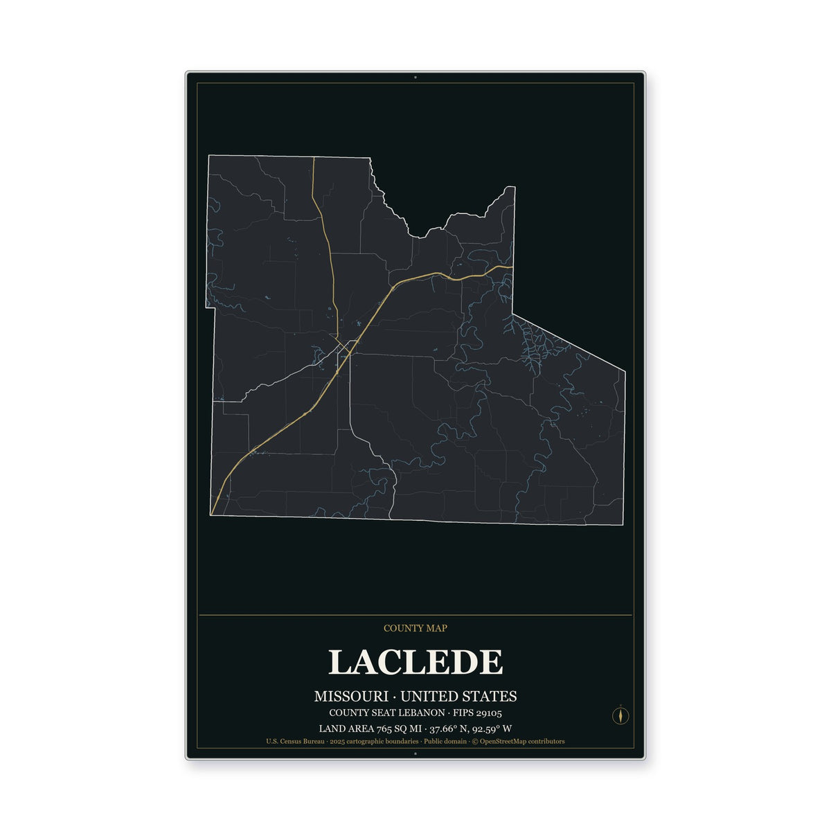 Laclede County, Missouri Map Aluminum Sign in Metropolitan Noir style
