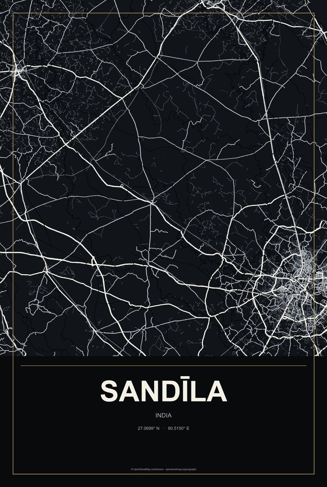 Sandīla, India City Map Aluminum Sign in Metropolitan Noir style