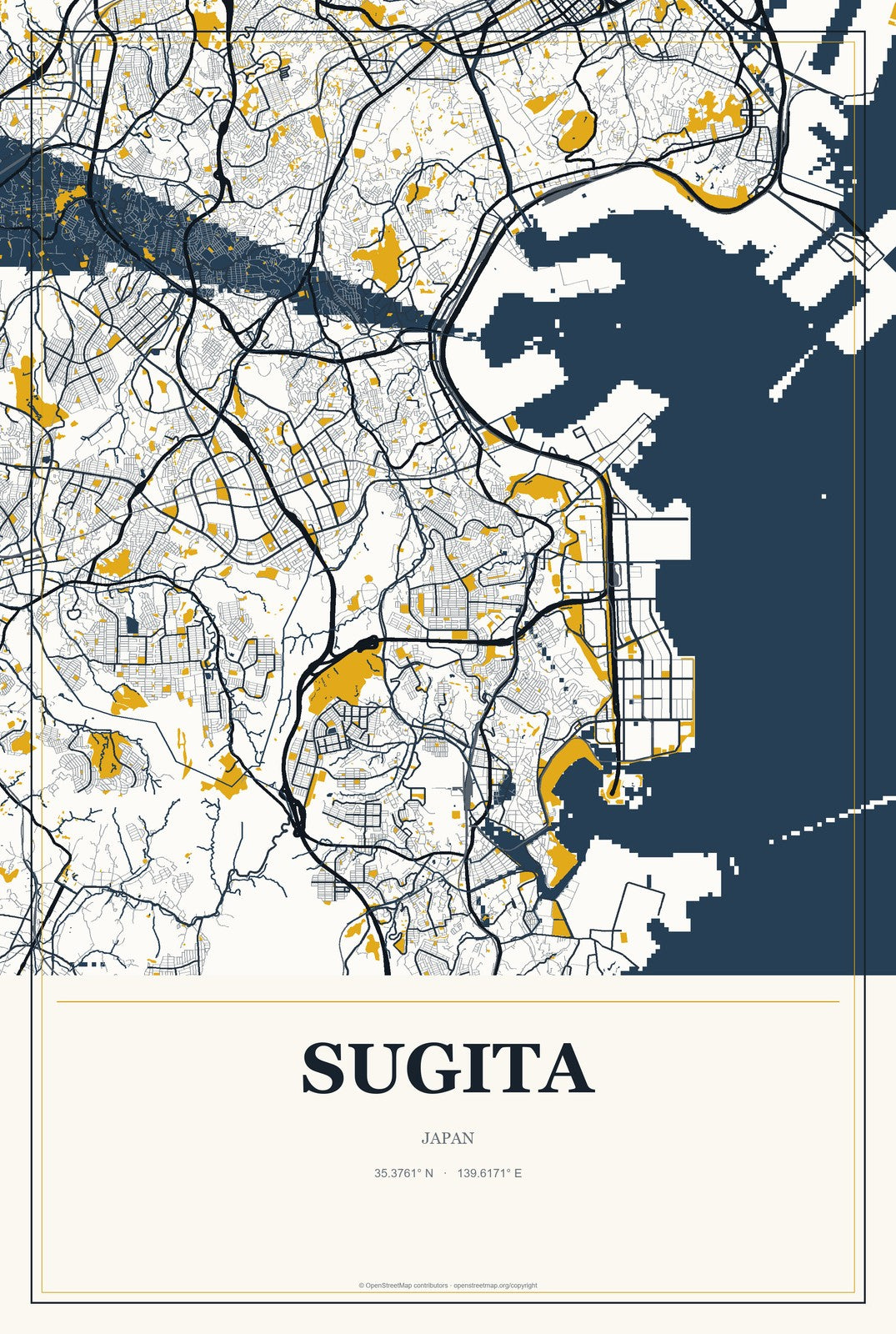 Sugita, Japan City Map Aluminum Sign in Citrine Modern style