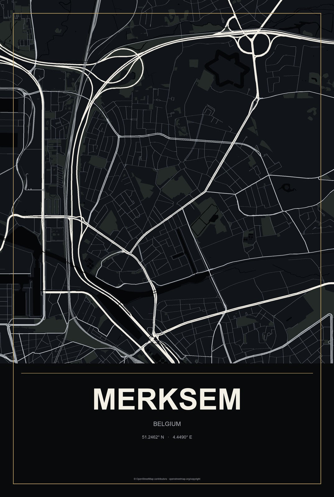 Merksem, Belgium City Map Aluminum Sign in Metropolitan Noir style