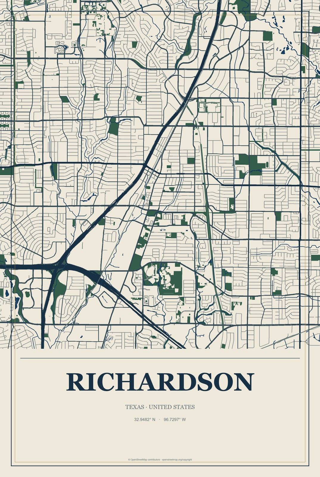 Richardson, Texas City Map Aluminum Sign in Coastal Cutout style