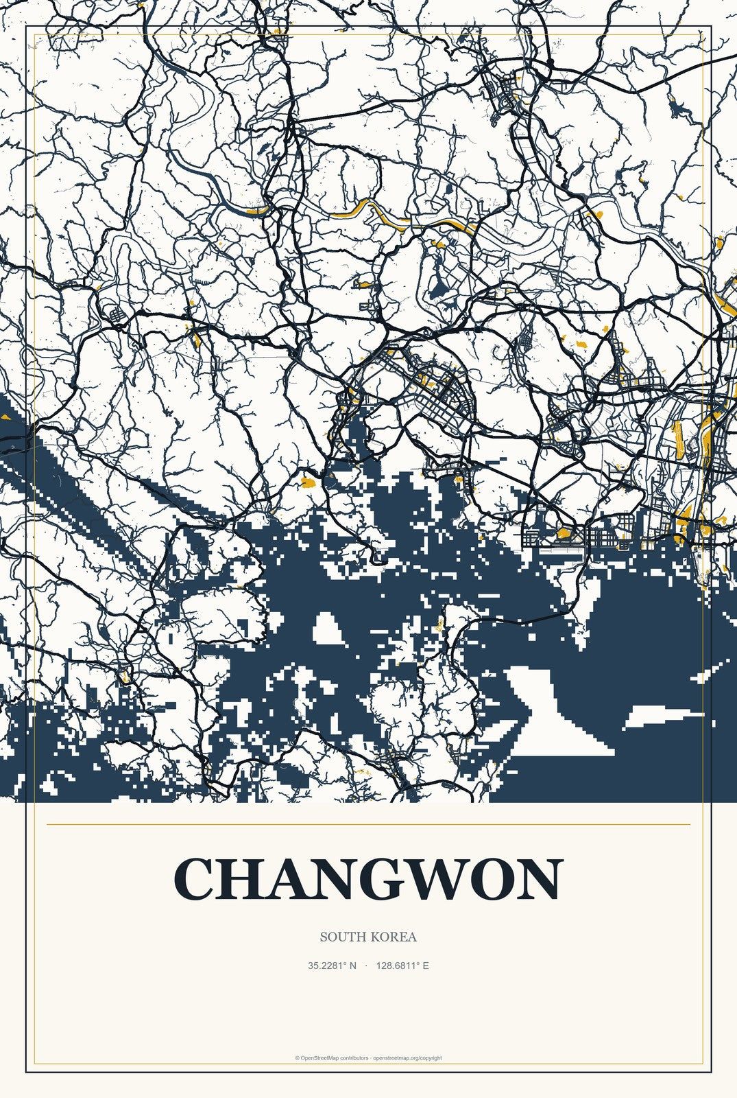 Changwon, South Korea City Map Aluminum Sign in Citrine Modern style