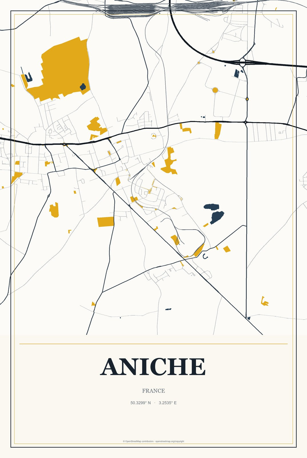 Aniche, France City Map Aluminum Sign in Citrine Modern style