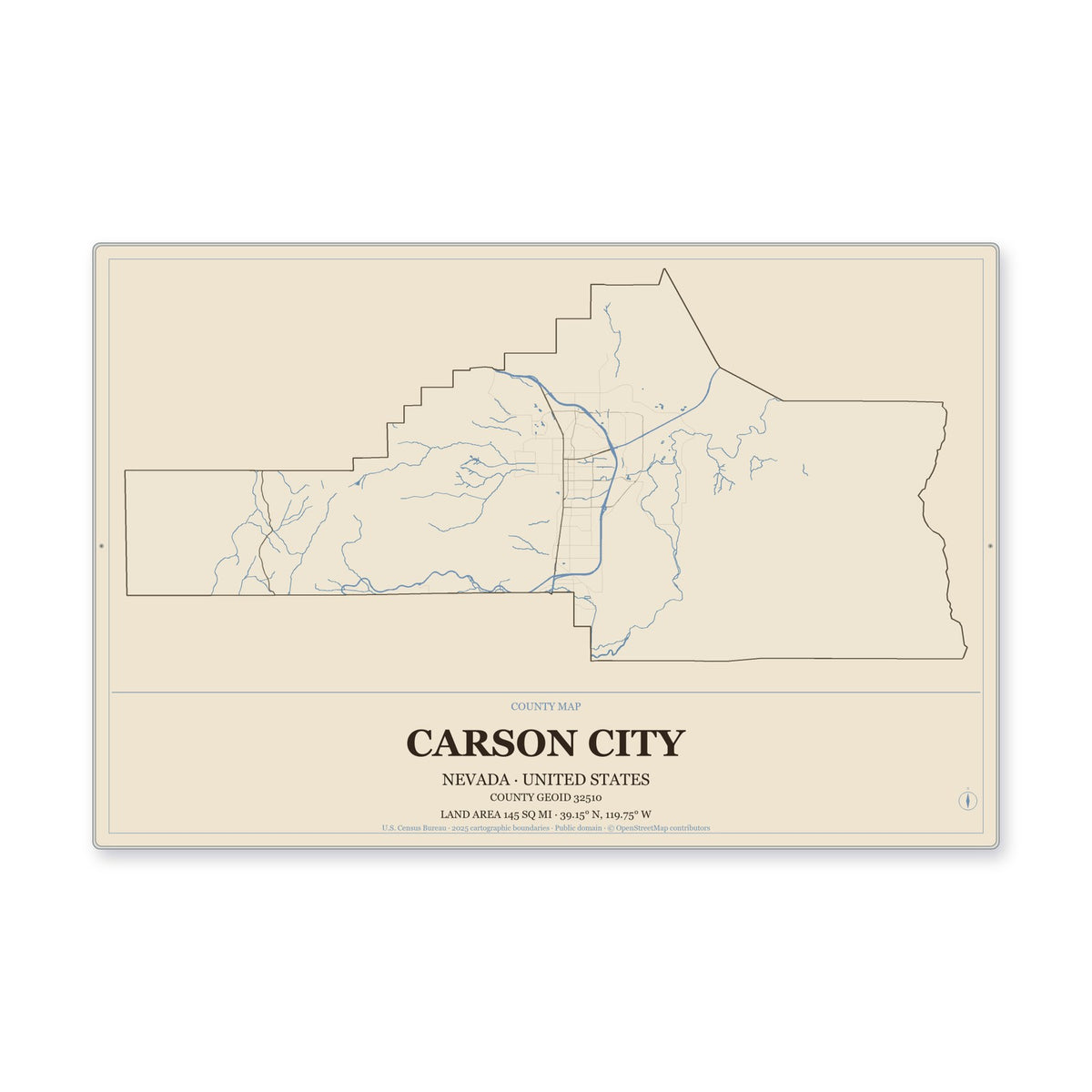 Carson City, Nevada Map Aluminum Sign in Heritage Nautical style
