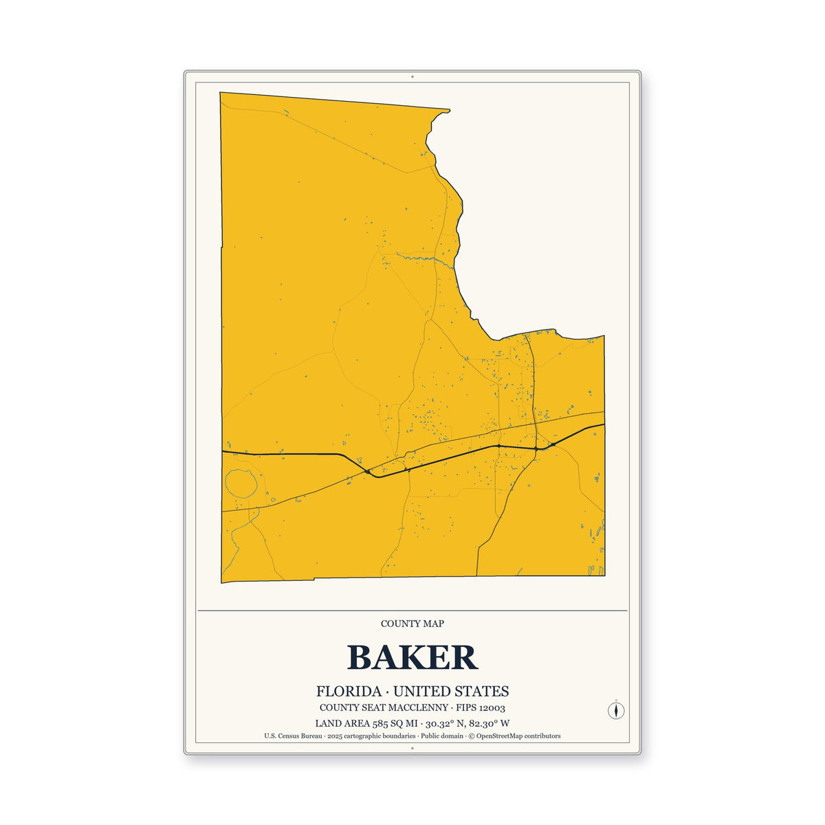 Baker County, Florida Map Aluminum Sign in Citrine Modern style