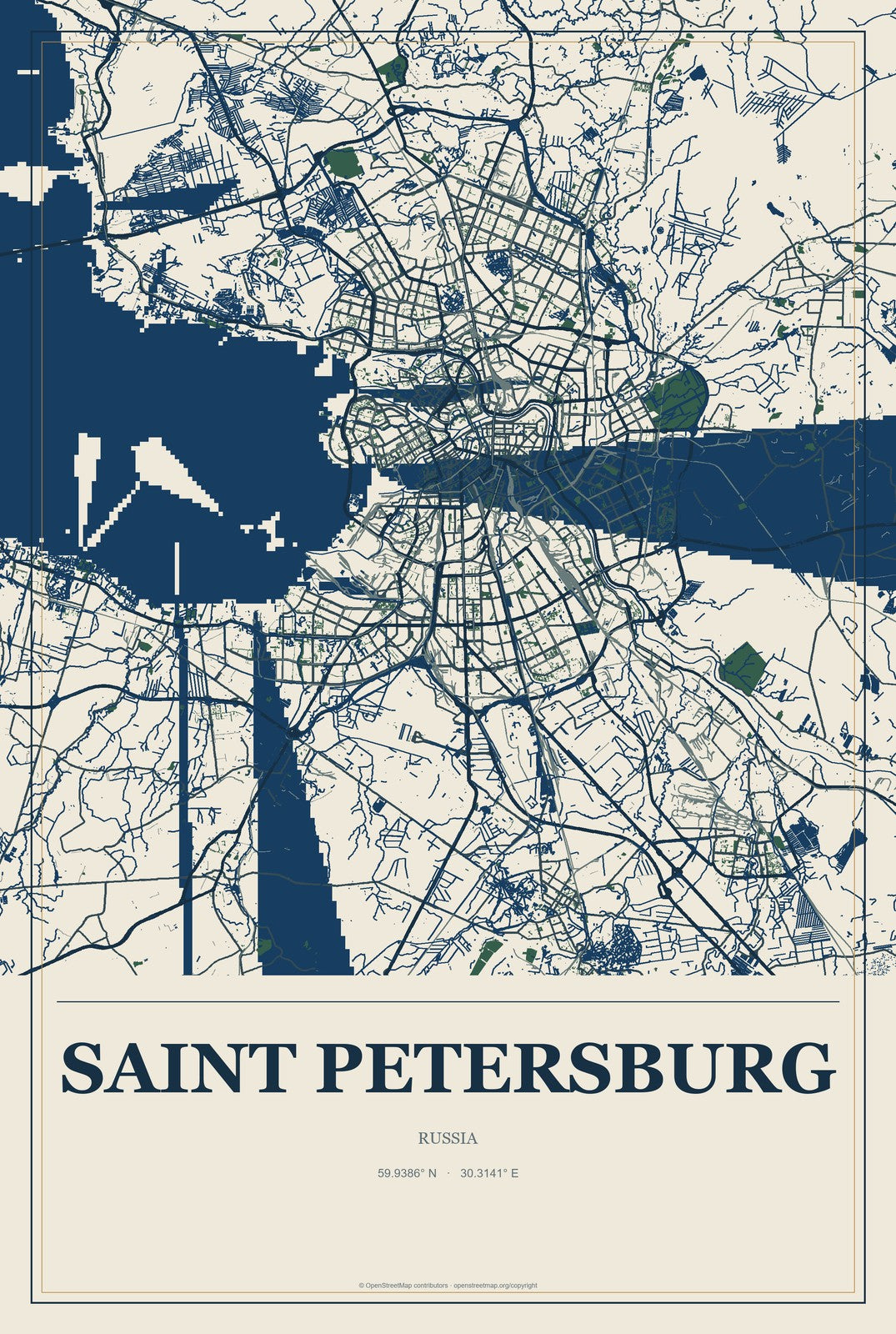 Saint Petersburg, Russia City Map Aluminum Sign in Coastal Cutout style
