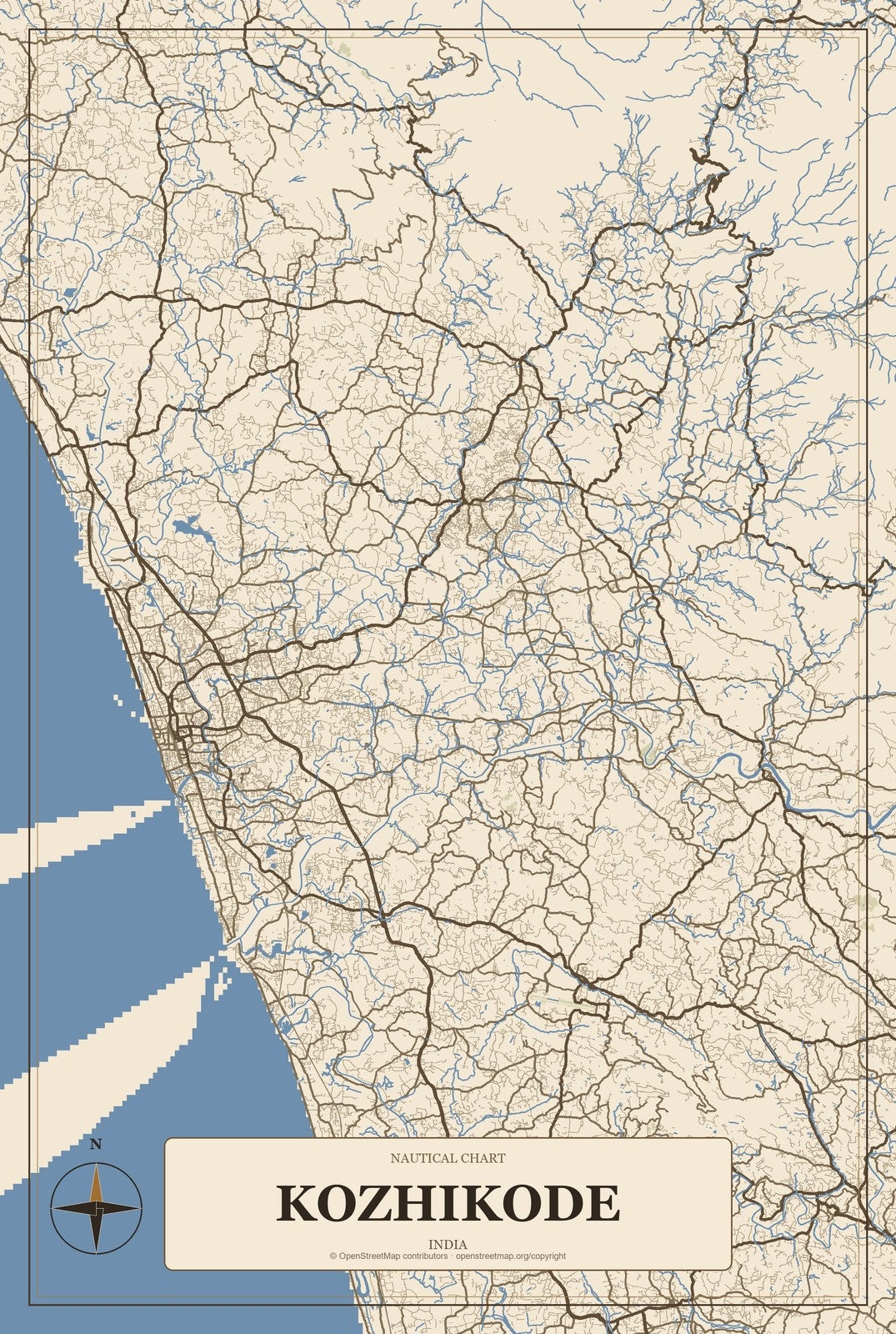 Kozhikode, India City Map Aluminum Sign in Heritage Nautical style