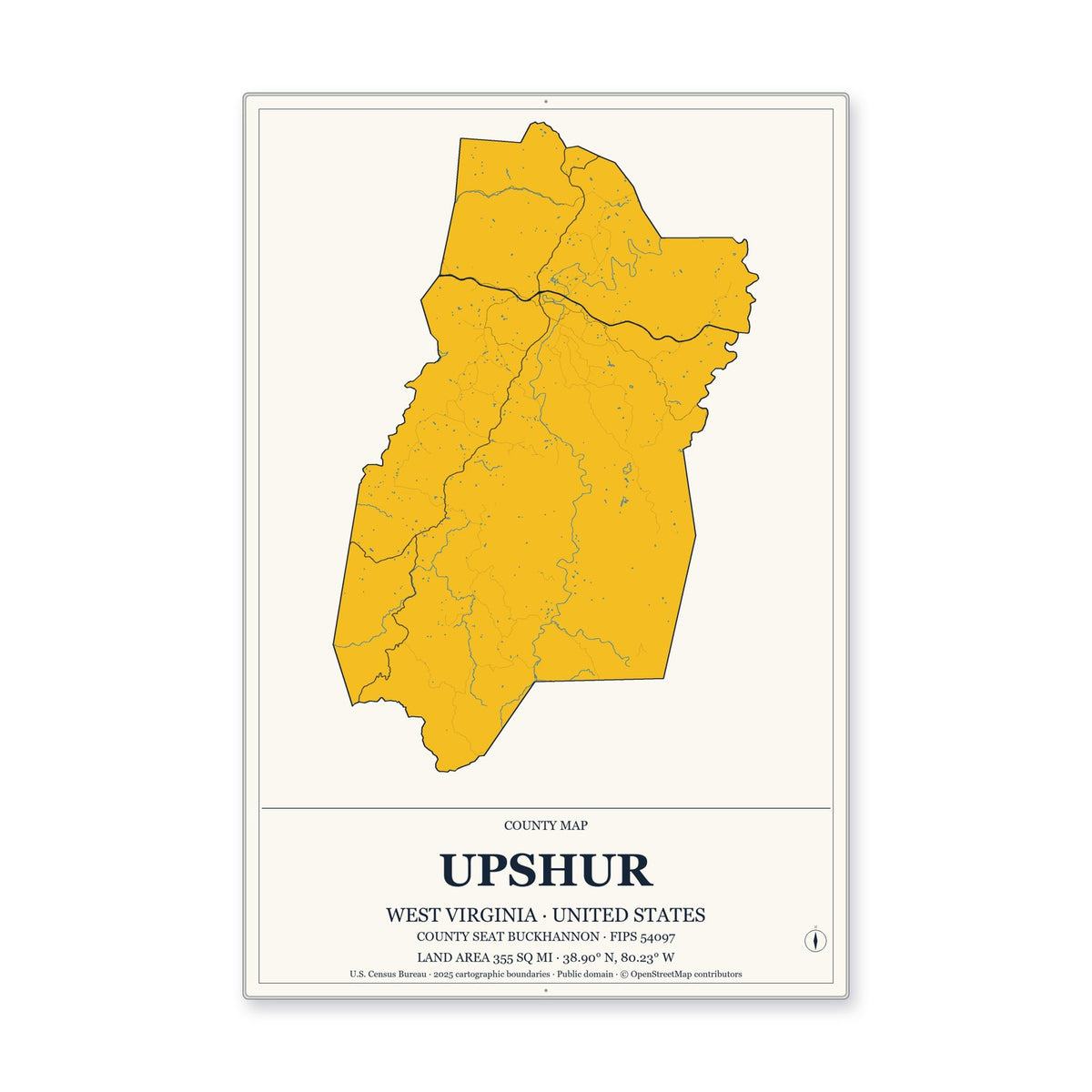 Upshur County, West Virginia Map Aluminum Sign in Citrine Modern style