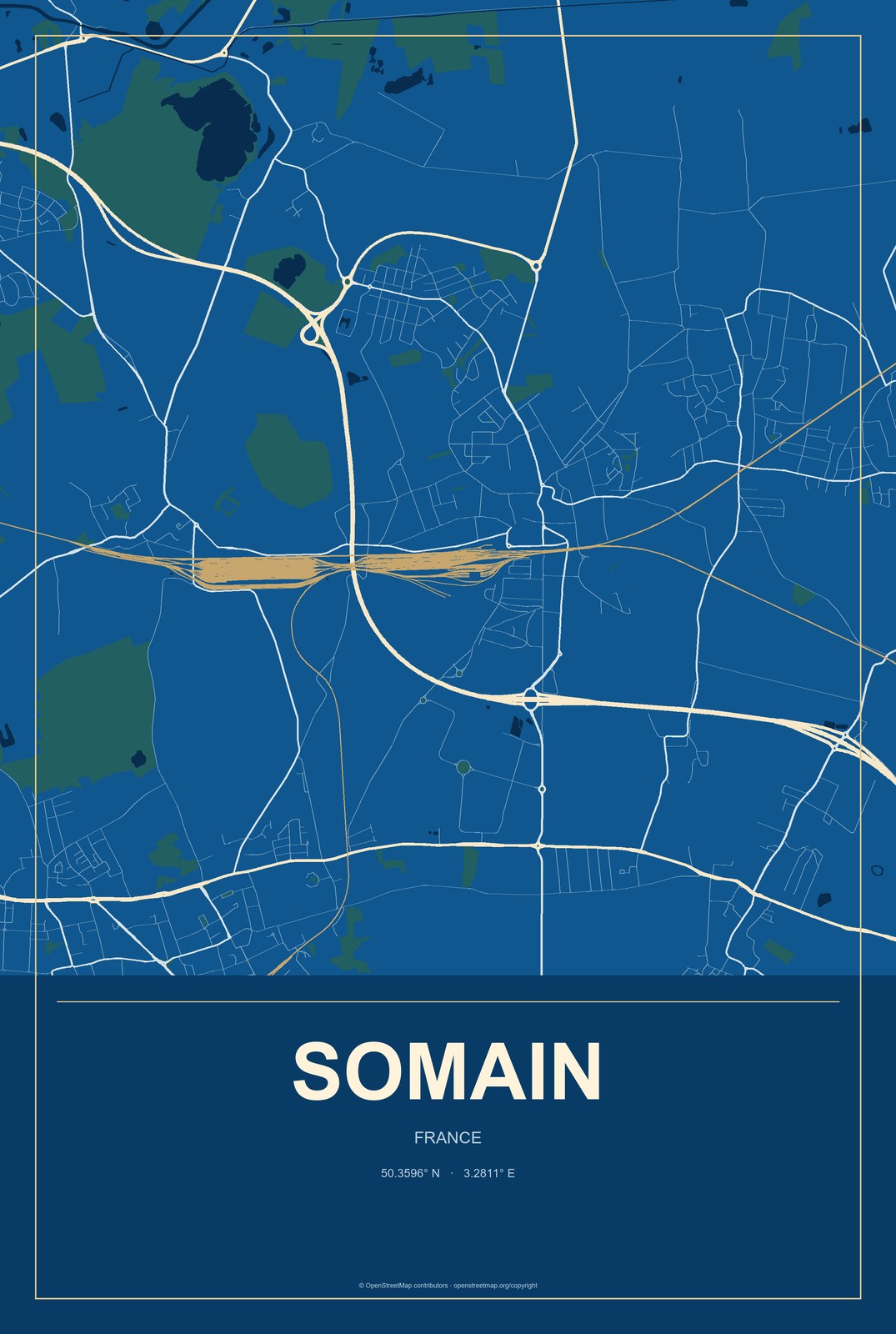 Somain, France City Map Aluminum Sign in Harbor Cobalt style