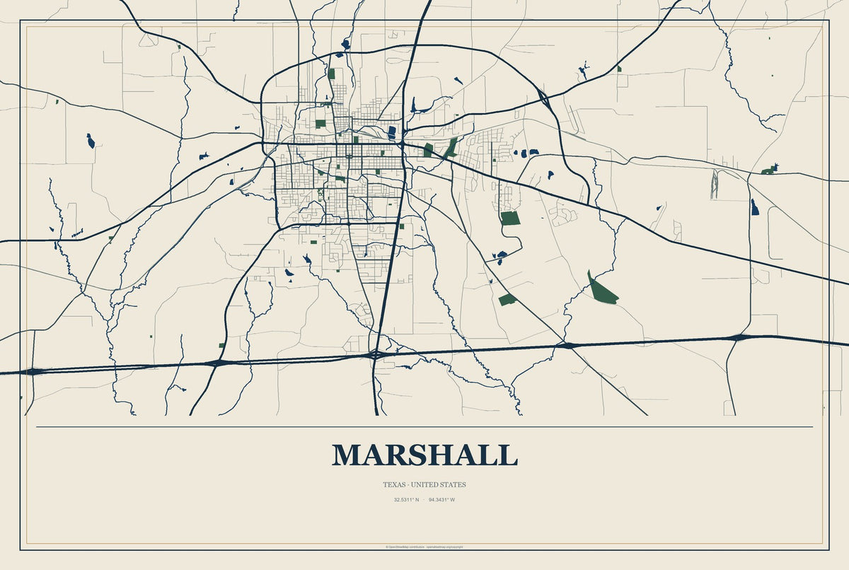 Marshall, Texas City Map Aluminum Sign in Coastal Cutout style
