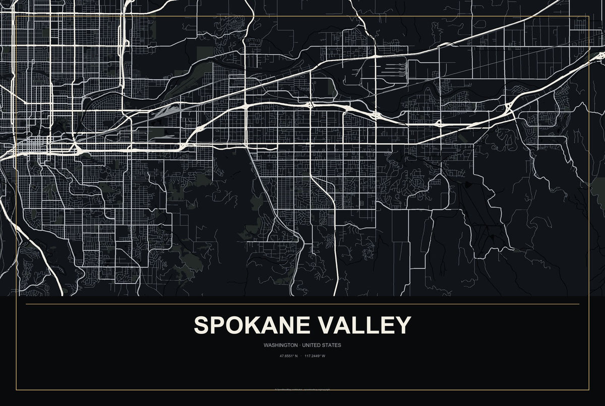 Spokane Valley, Washington City Map Aluminum Sign in Metropolitan Noir style