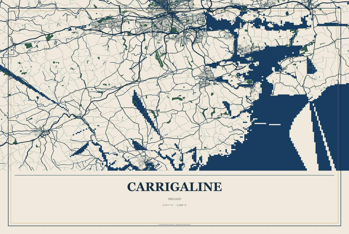 Carrigaline, Ireland City Map Aluminum Sign in Coastal Cutout style