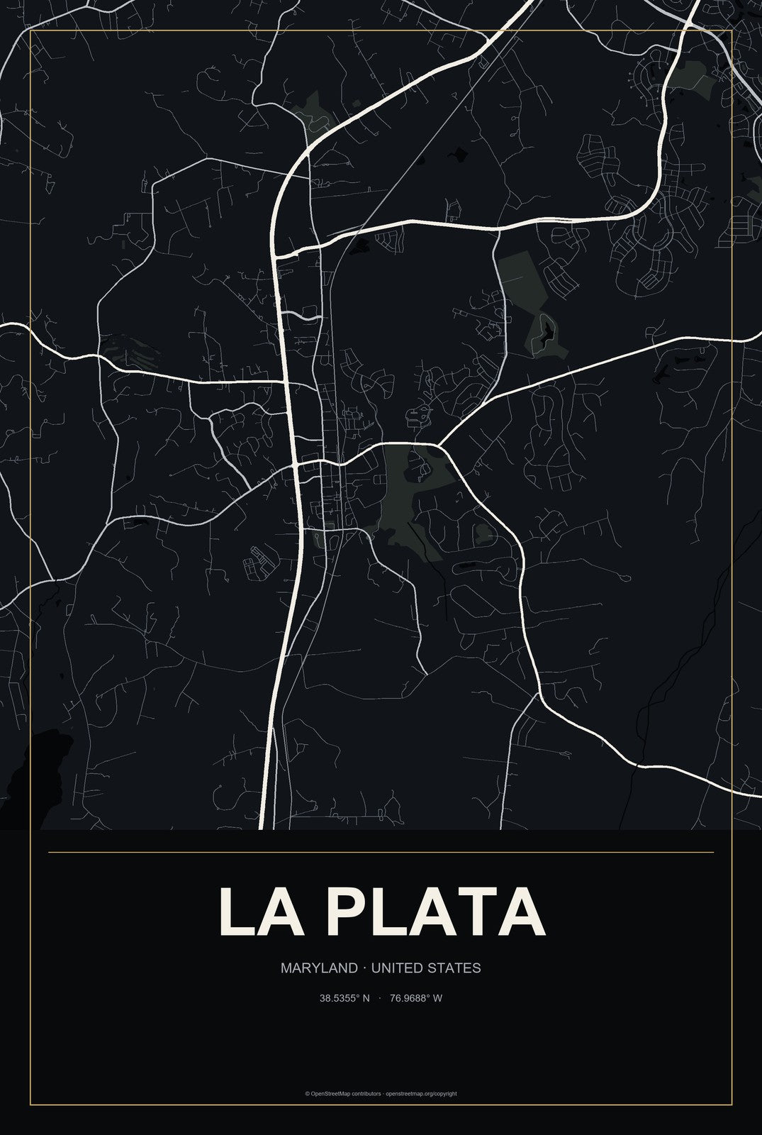 La Plata, Maryland City Map Aluminum Sign in Metropolitan Noir style