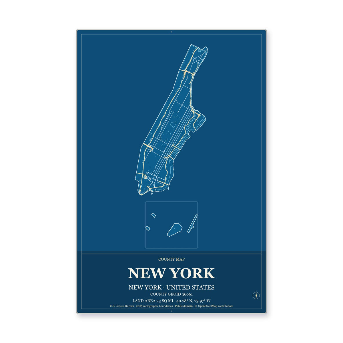 New York County, New York Map Aluminum Sign in Harbor Cobalt style