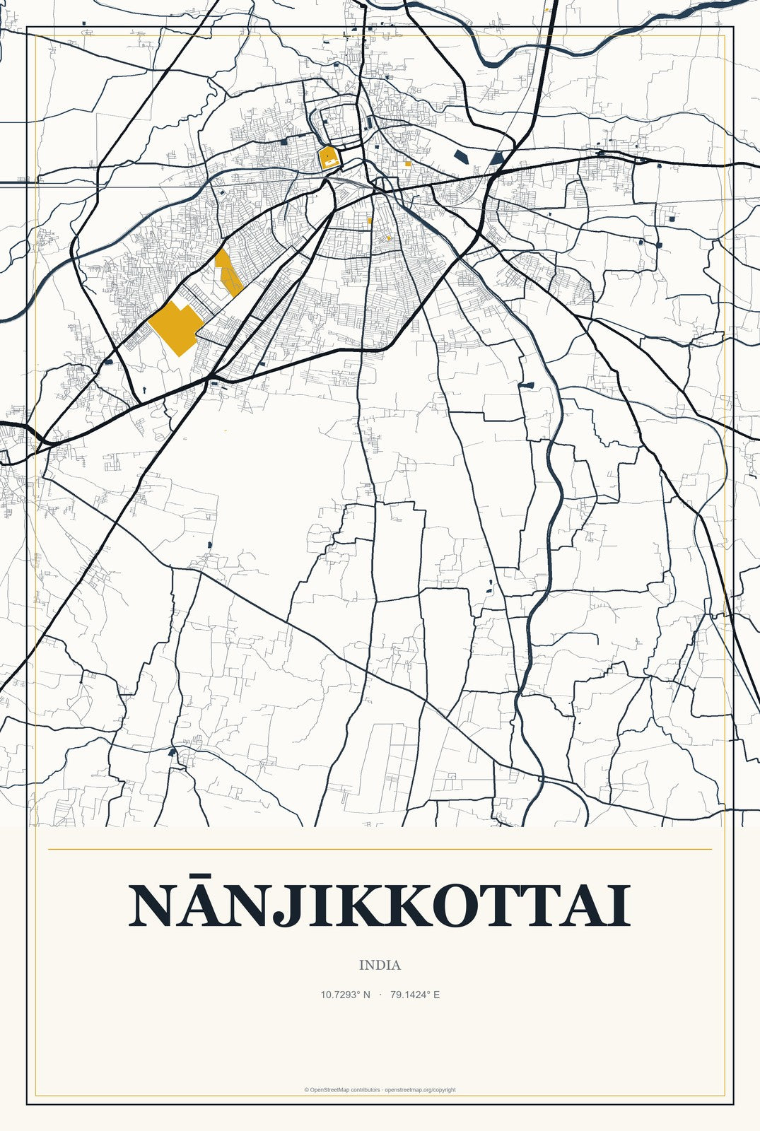 Nānjikkottai, India City Map Aluminum Sign in Citrine Modern style
