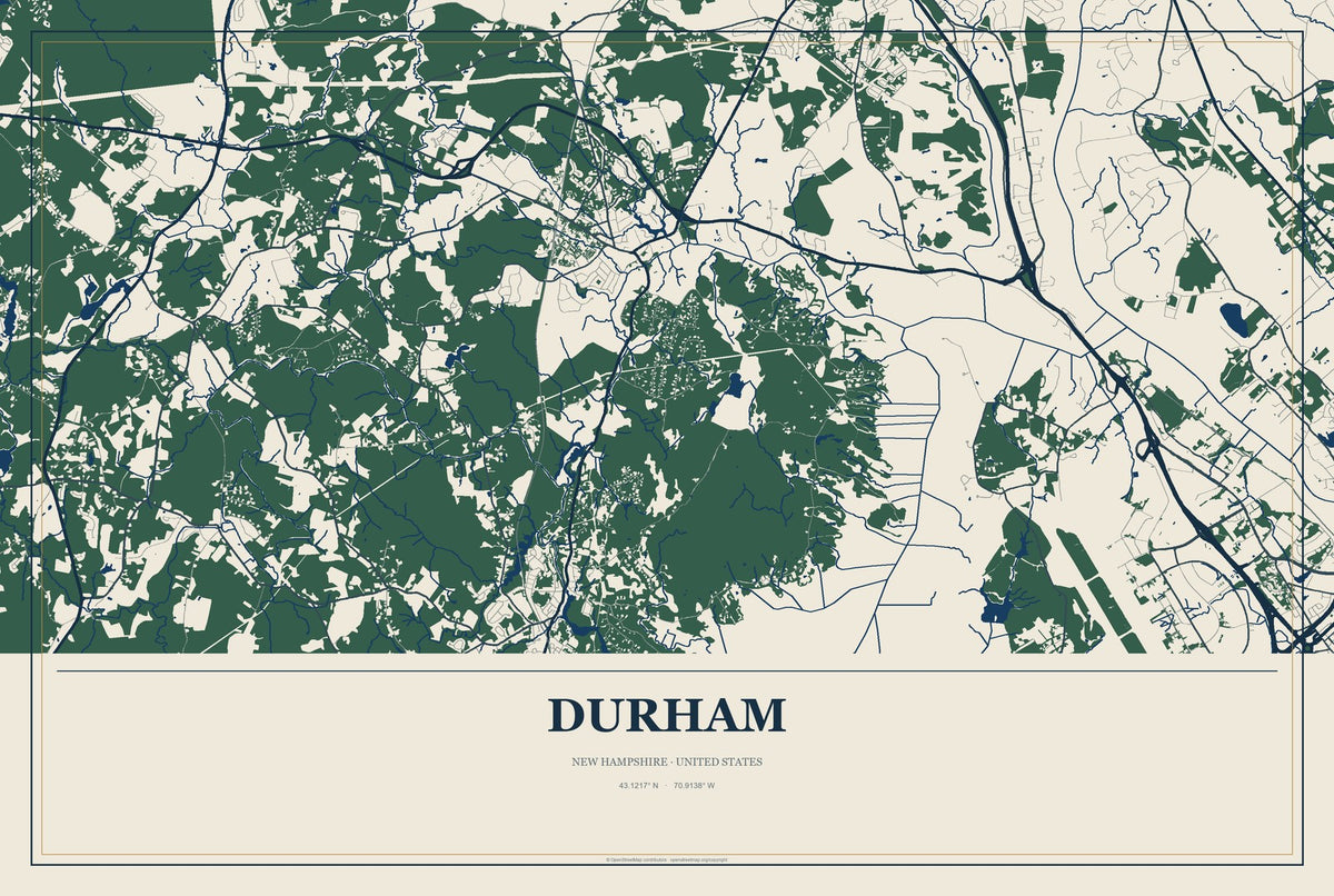 Durham, New Hampshire City Map Aluminum Sign in Coastal Cutout style