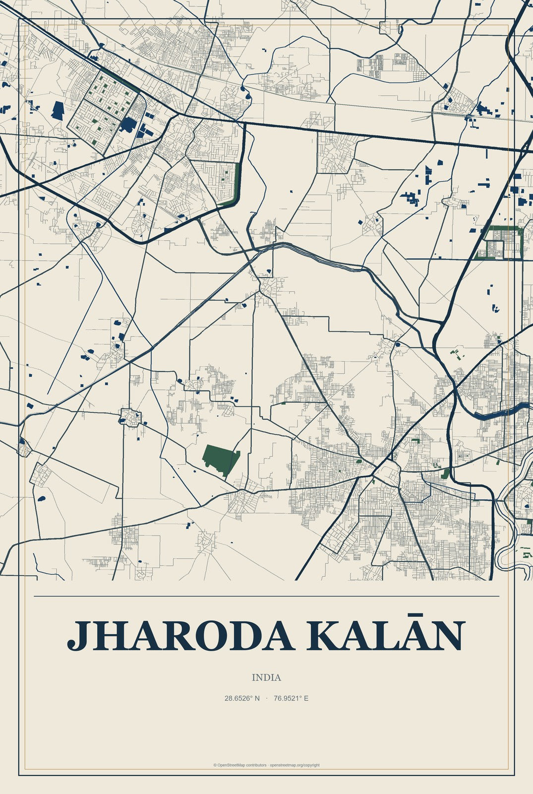 Jharoda Kalān, India City Map Aluminum Sign in Coastal Cutout style