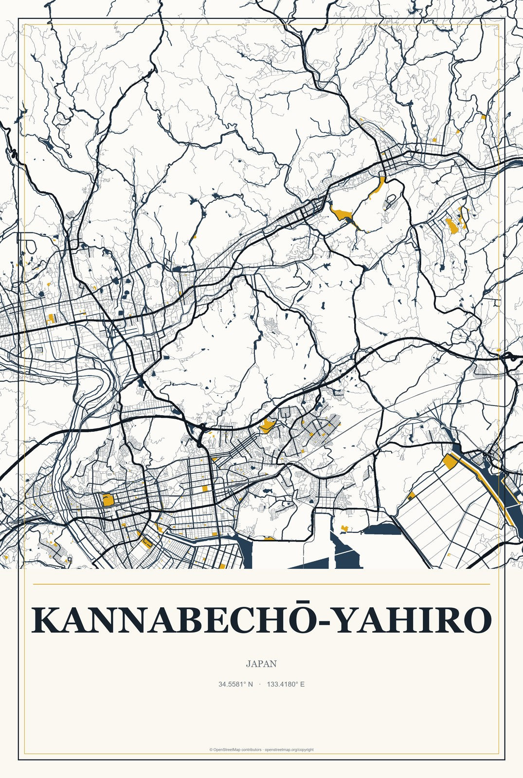 Kannabechō-yahiro, Japan City Map Aluminum Sign in Citrine Modern style