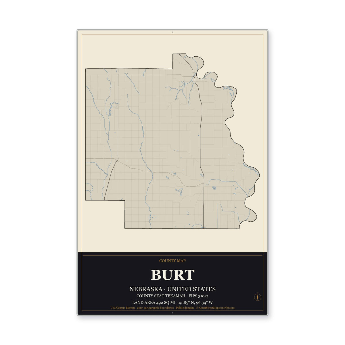 Burt County, Nebraska Map Aluminum Sign in Museum Plaque style