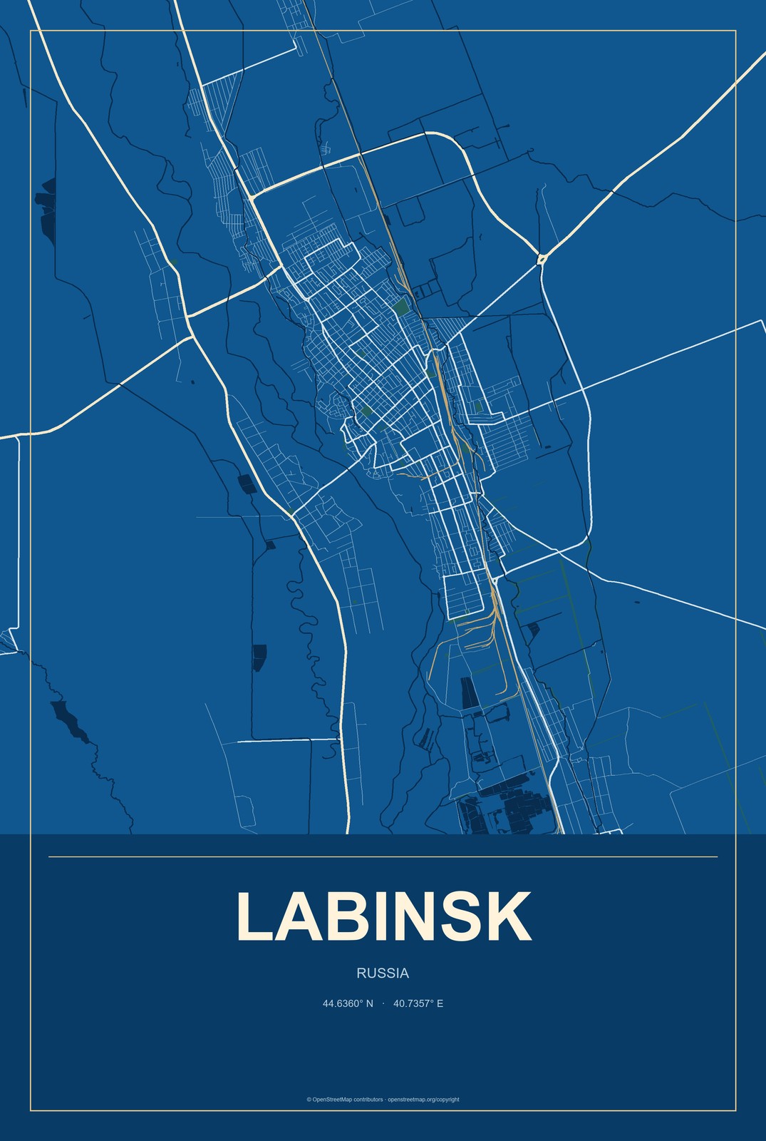 Labinsk, Russia City Map Aluminum Sign in Harbor Cobalt style