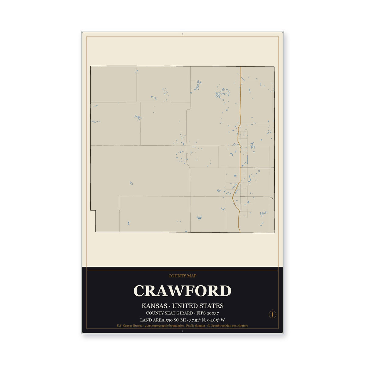 Crawford County, Kansas Map Aluminum Sign in Museum Plaque style