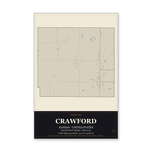 Crawford County, Kansas Map Aluminum Sign in Museum Plaque style