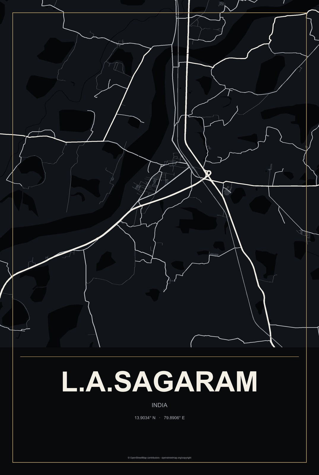 L.A.Sagaram, India City Map Aluminum Sign in Metropolitan Noir style