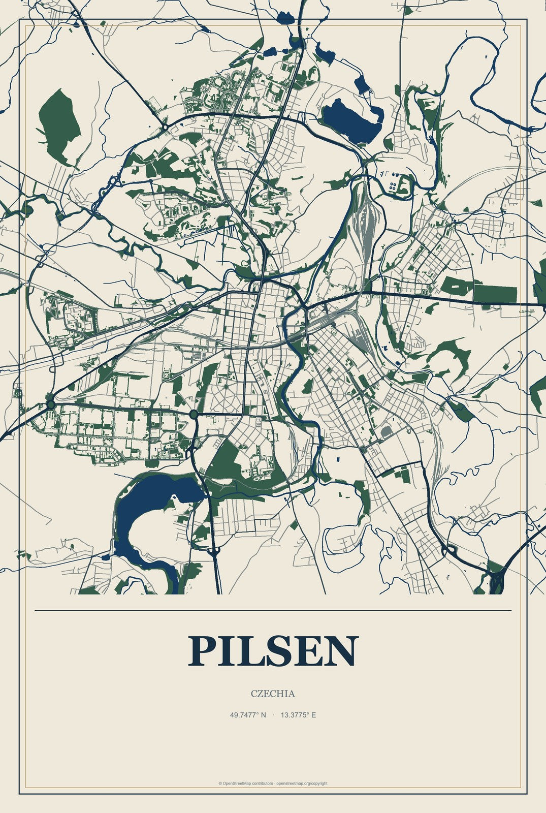 Pilsen, Czechia City Map Aluminum Sign in Coastal Cutout style