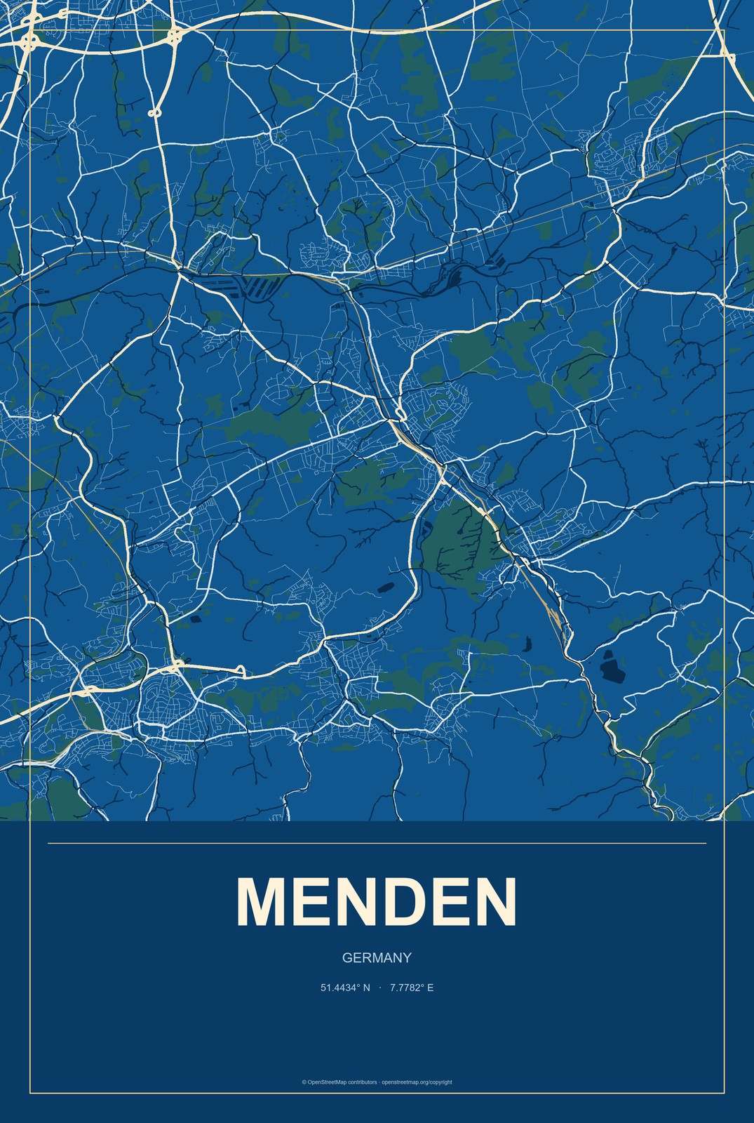 Menden, Germany City Map Aluminum Sign in Harbor Cobalt style