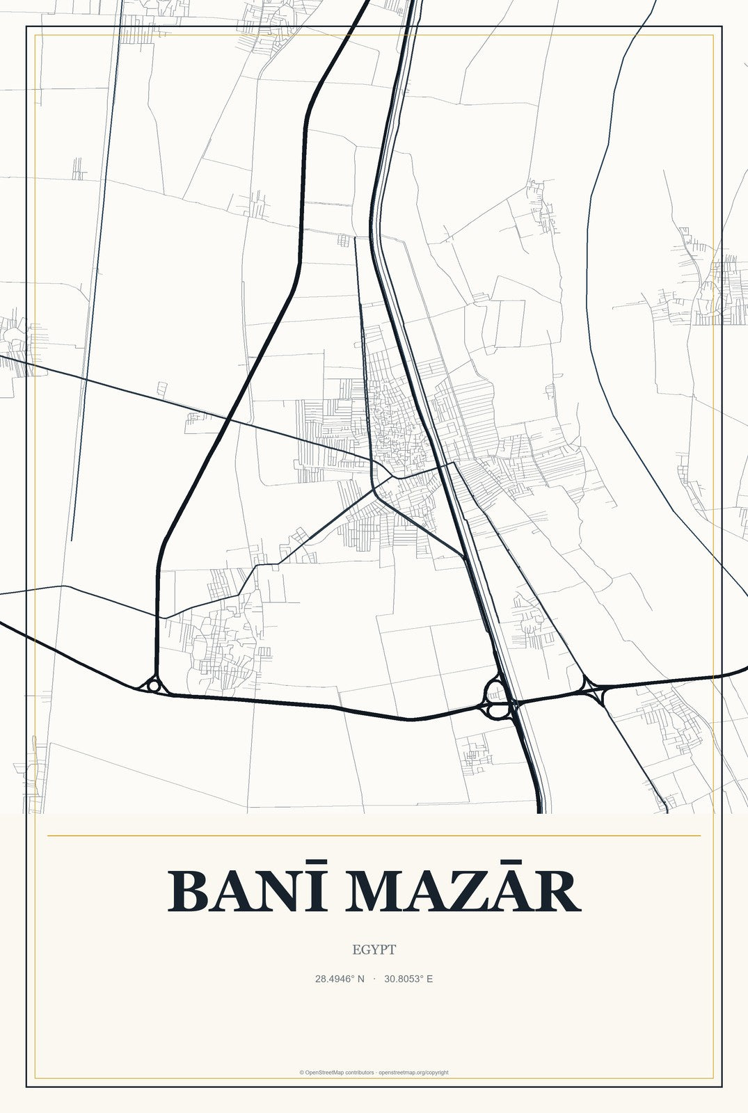 Banī Mazār, Egypt City Map Aluminum Sign in Citrine Modern style