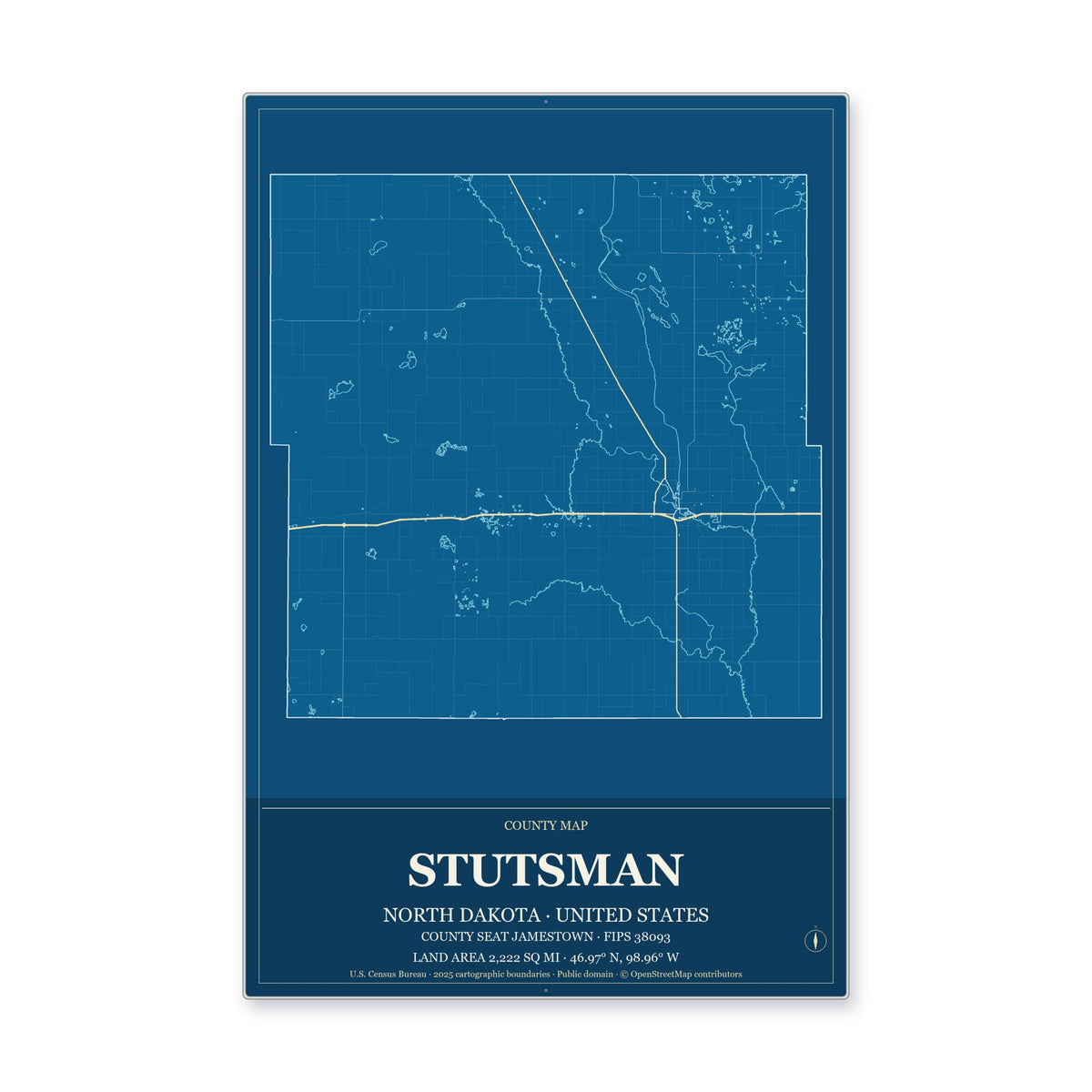 Stutsman County, North Dakota Map Aluminum Sign in Harbor Cobalt style