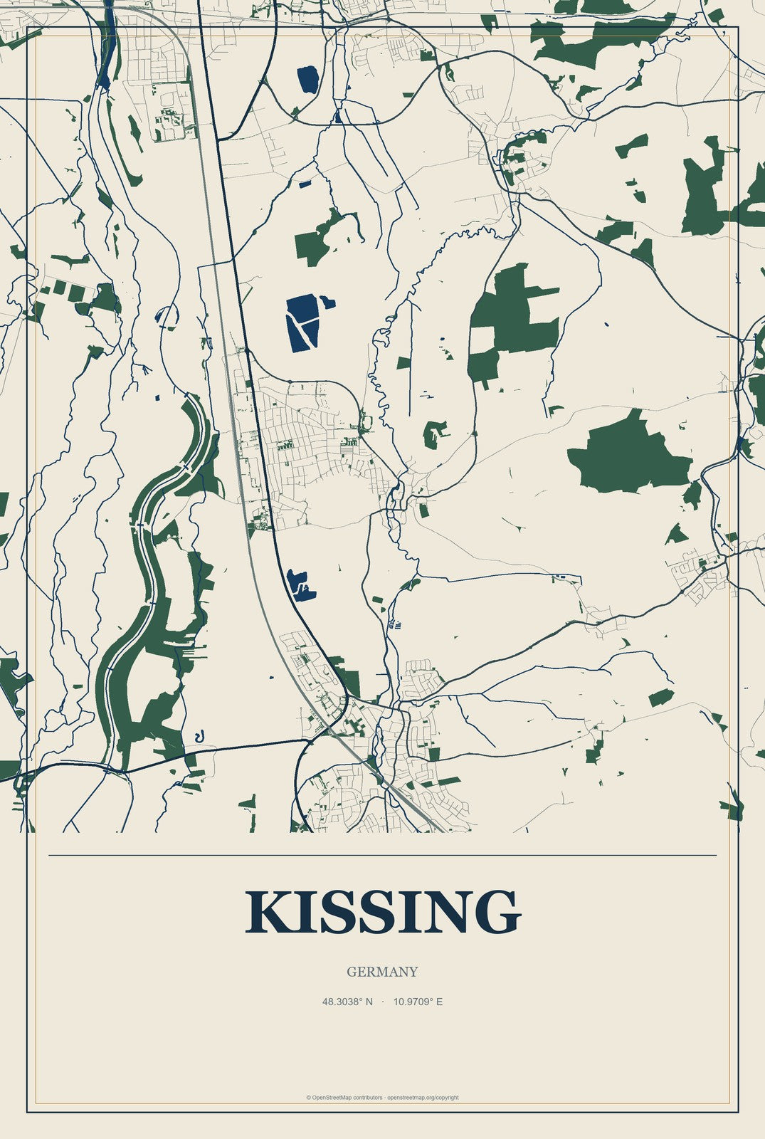 Kissing, Germany City Map Aluminum Sign in Coastal Cutout style