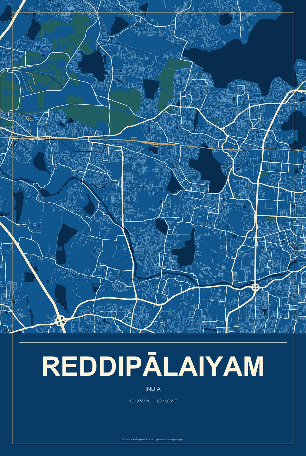 Reddipālaiyam, India City Map Aluminum Sign in Harbor Cobalt style